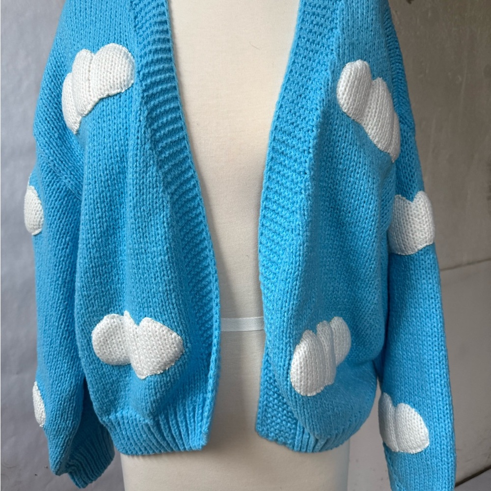 Blue Cloud Patterned Puff Bubble Cardigan - image 1